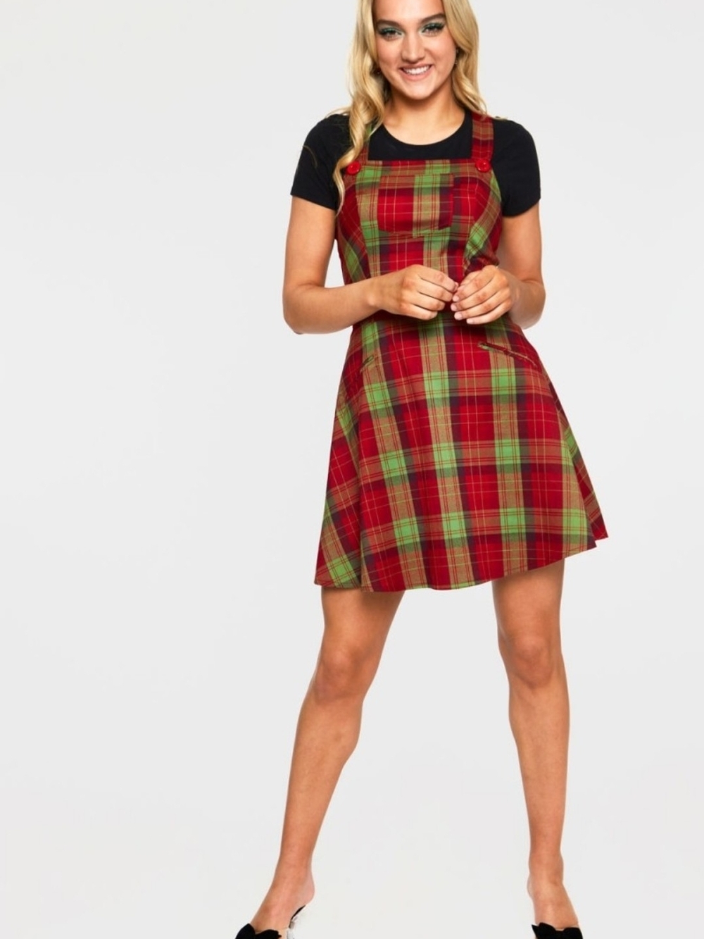 Voodoo Vixen Katie Overalls Mini Dress In Red and Green Plaid